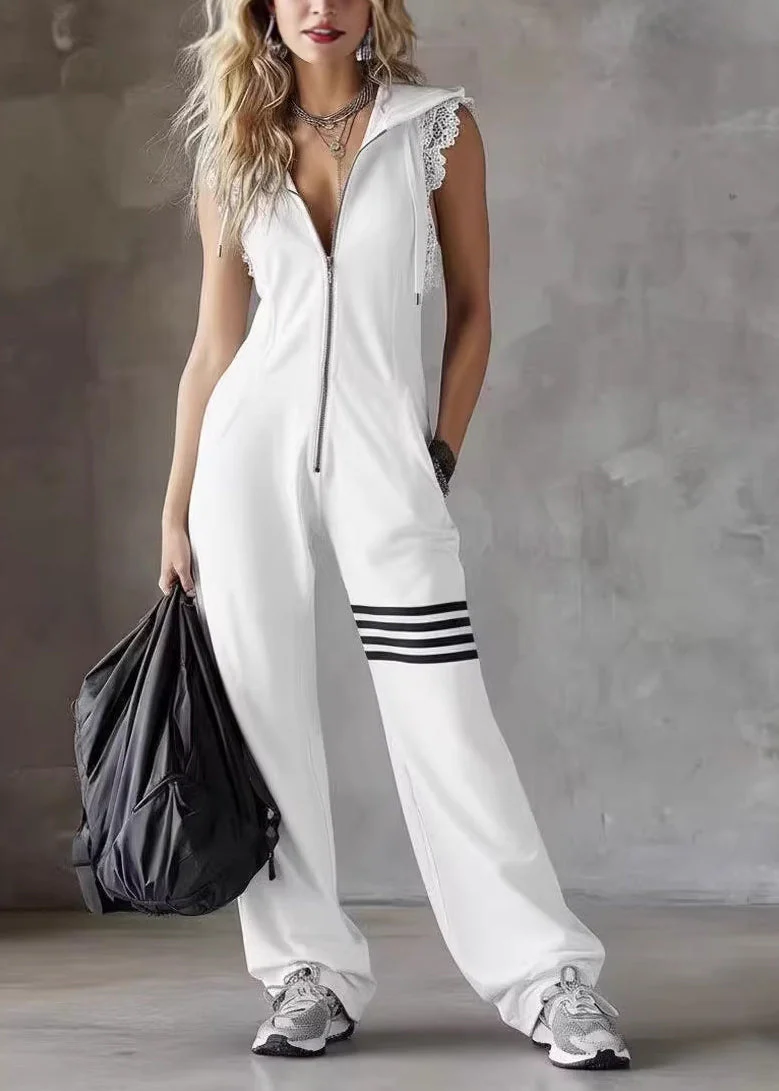 Loose Orange Hooded Striped Cotton Jumpsuits Sleeveless - Image 3