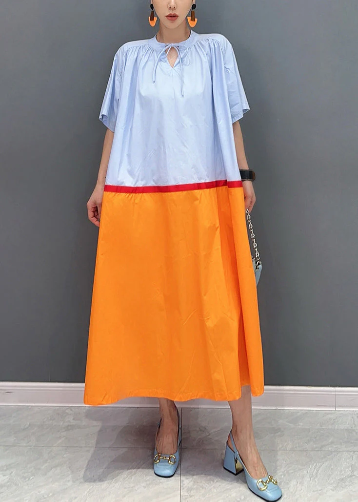 Loose Orange Lace Up Patchwork Cotton Long Dresses Summer - Image 2