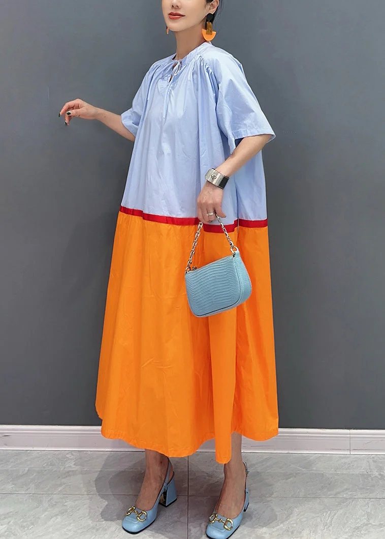 Loose Orange Lace Up Patchwork Cotton Long Dresses Summer - Image 3