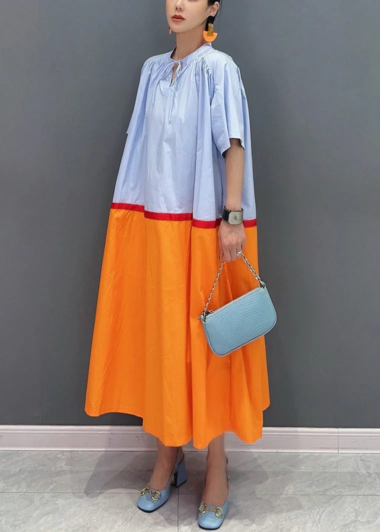 Loose Orange Lace Up Patchwork Cotton Long Dresses Summer - Image 4