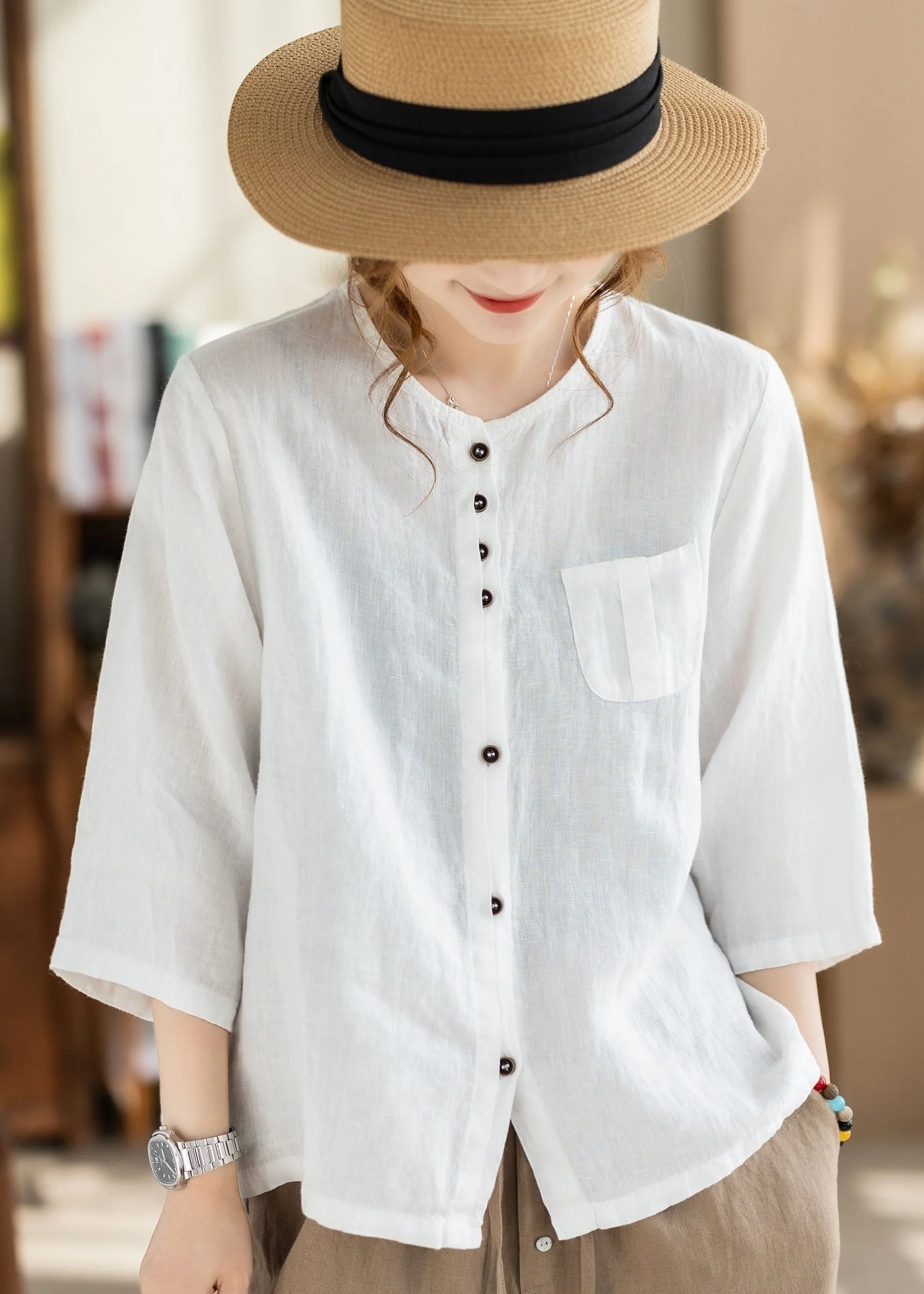 Loose Orange O Neck Button Pockets Linen Tops Bracelet Sleeve - Image 3