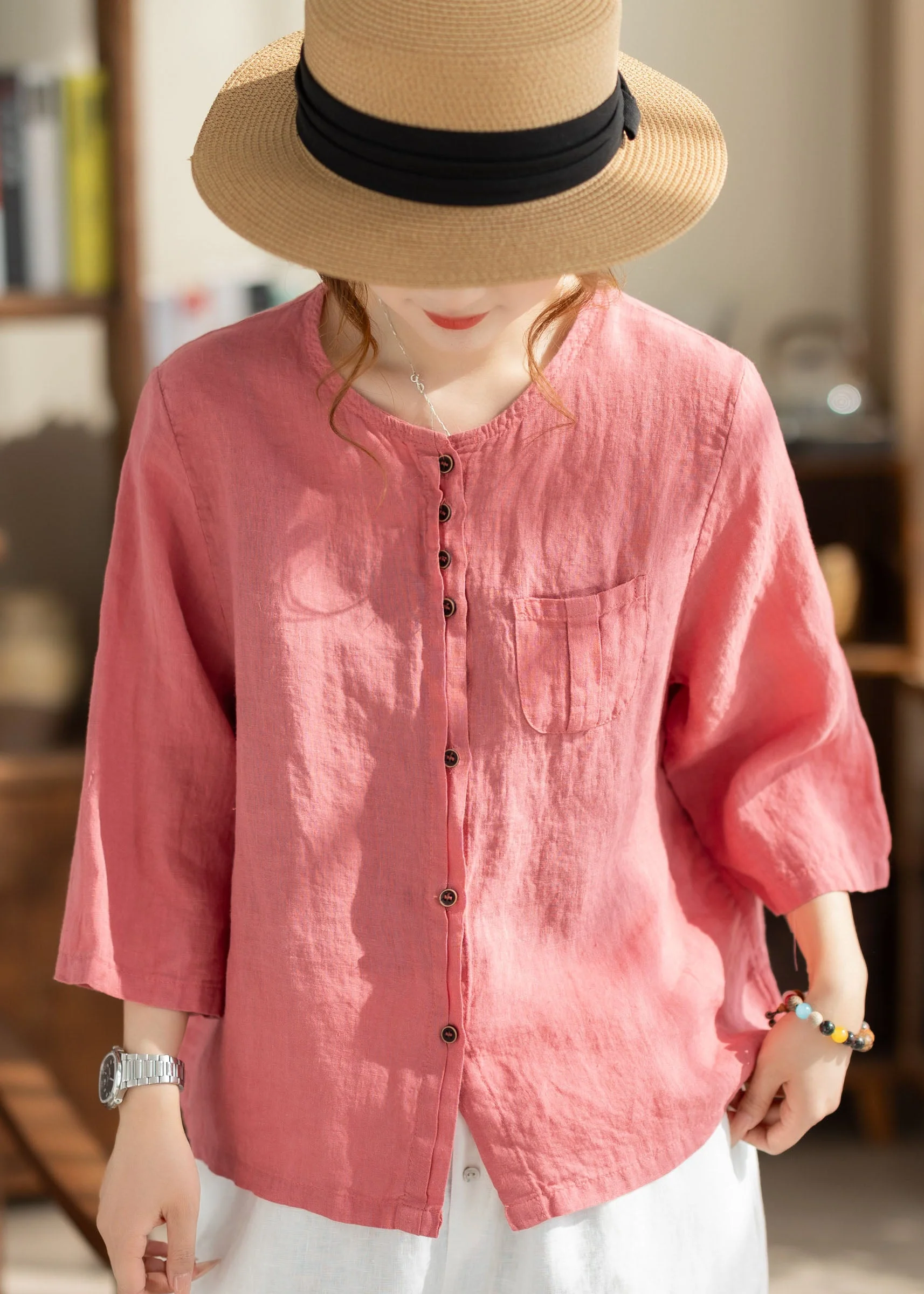 Loose Orange O Neck Button Pockets Linen Tops Bracelet Sleeve - Image 4