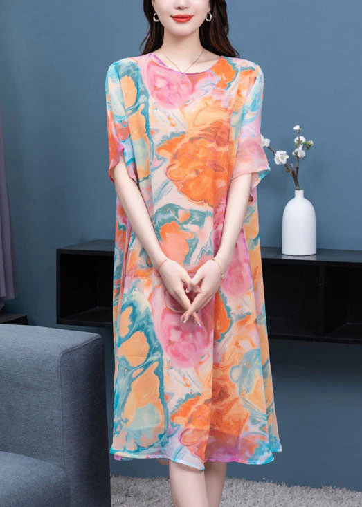 Loose Orange O Neck Print Patchwork Chiffon Mid Dress Summer - Image 2