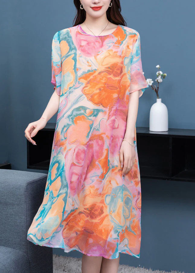 Loose Orange O Neck Print Patchwork Chiffon Mid Dress Summer - Image 3