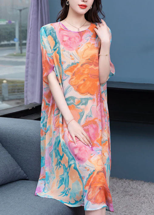 Loose Orange O Neck Print Patchwork Chiffon Mid Dress Summer - Image 4