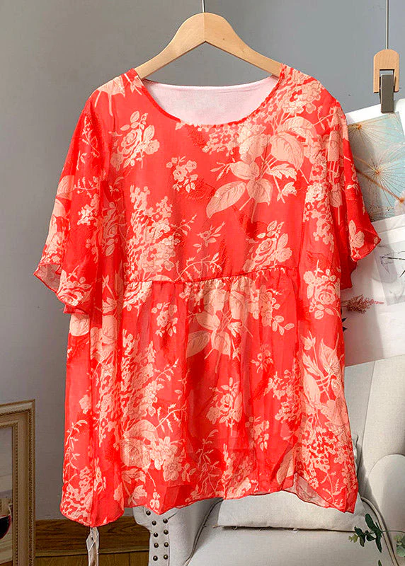 Loose Orange O-Neck Print Patchwork Chiffon T Shirt Summer - Image 2