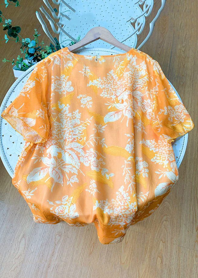 Loose Orange O-Neck Print Patchwork Chiffon T Shirt Summer - Image 3