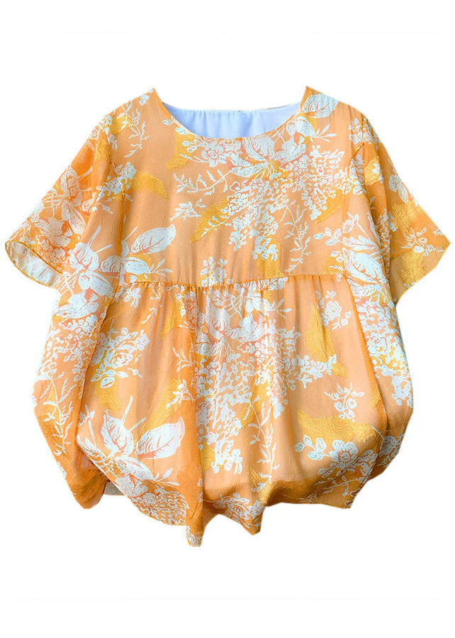 Loose Orange O-Neck Print Patchwork Chiffon T Shirt Summer - Image 5