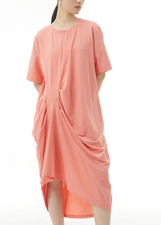 Loose Orange O-Neck Solid Cotton Long Dress Summer - Image 2