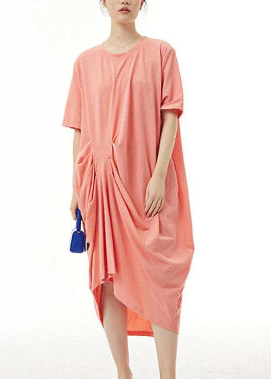Loose Orange O-Neck Solid Cotton Long Dress Summer - Image 3