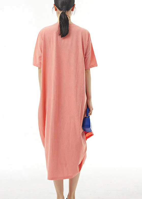 Loose Orange O-Neck Solid Cotton Long Dress Summer - Image 4