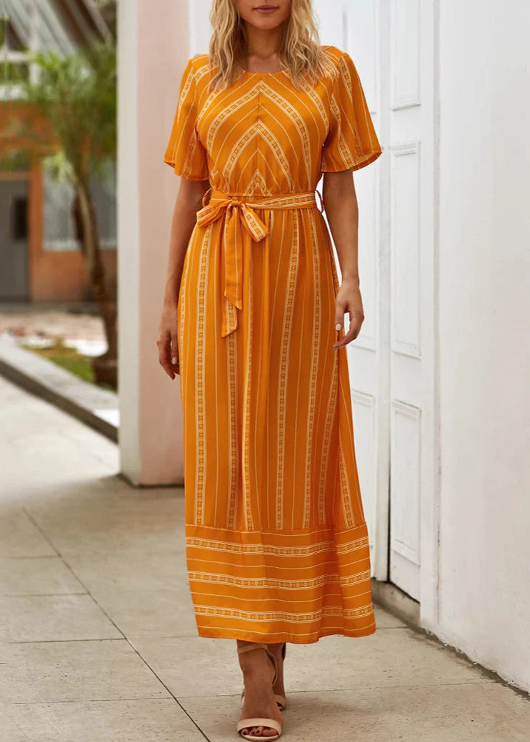 Loose Orange O Neck Striped Tie Waist Cotton Long Dress Summer - Image 2