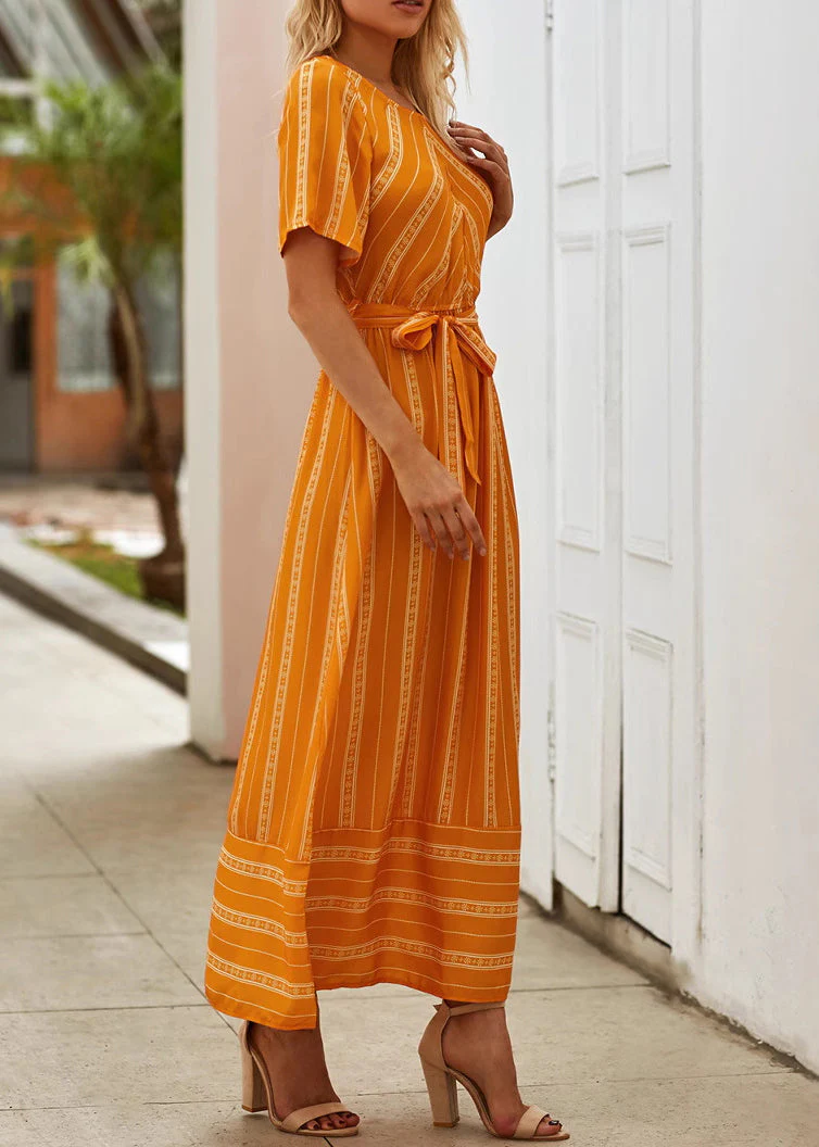 Loose Orange O Neck Striped Tie Waist Cotton Long Dress Summer - Image 3