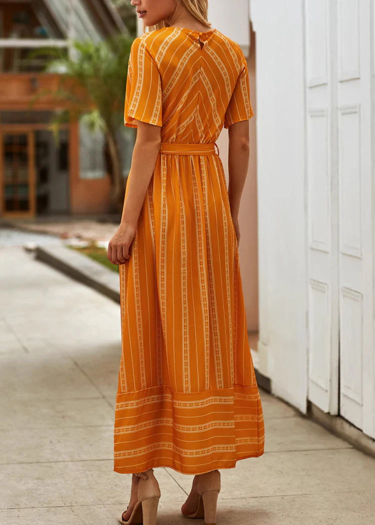 Loose Orange O Neck Striped Tie Waist Cotton Long Dress Summer - Image 4