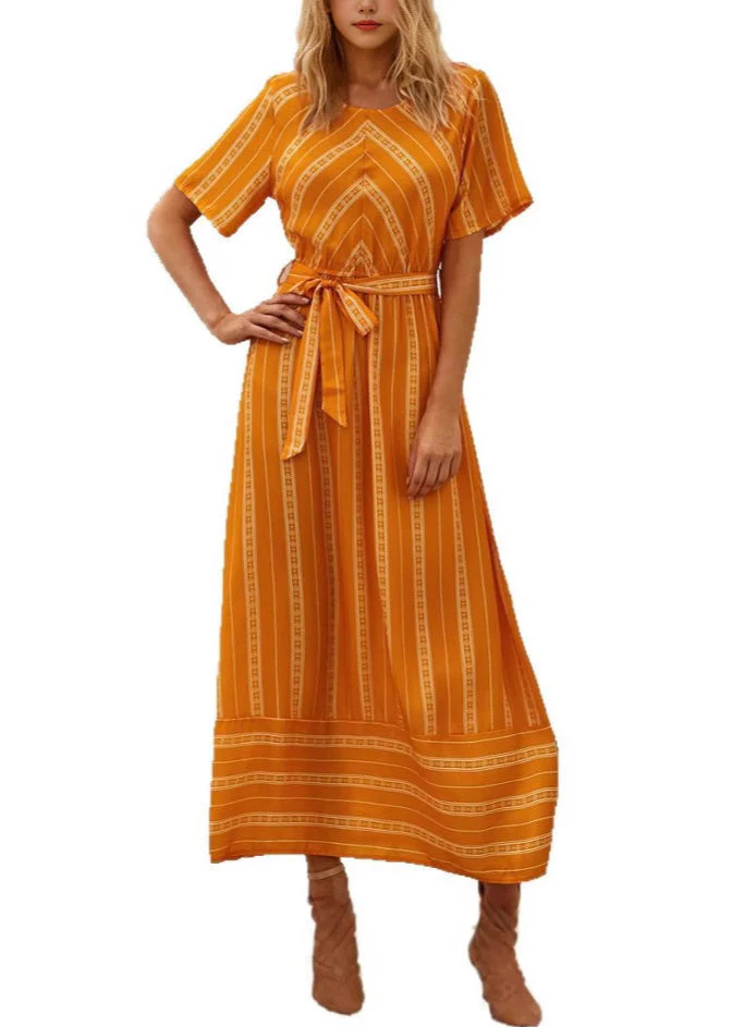 Loose Orange O Neck Striped Tie Waist Cotton Long Dress Summer - Image 5