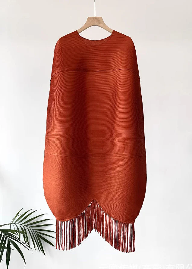 Loose Orange O Neck Tasseled Cotton Dresses Half Sleeve - Image 4