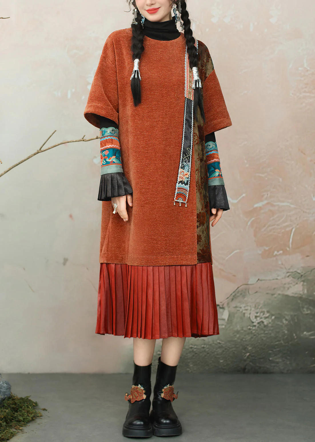 Loose Orange O Neck Wrinkled Patchwork Chenille Dresses Summer - Image 2