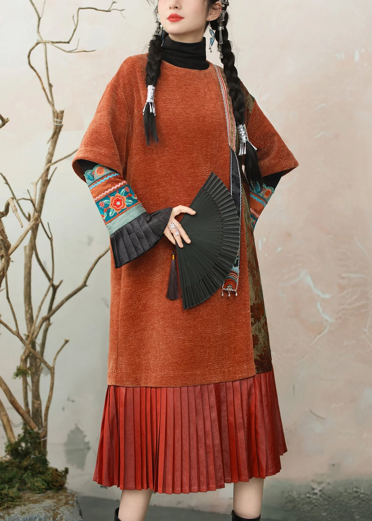Loose Orange O Neck Wrinkled Patchwork Chenille Dresses Summer - Image 3