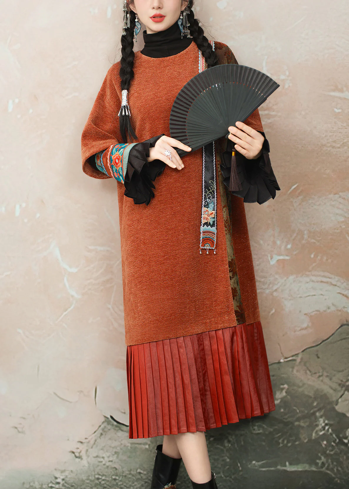 Loose Orange O Neck Wrinkled Patchwork Chenille Dresses Summer - Image 4
