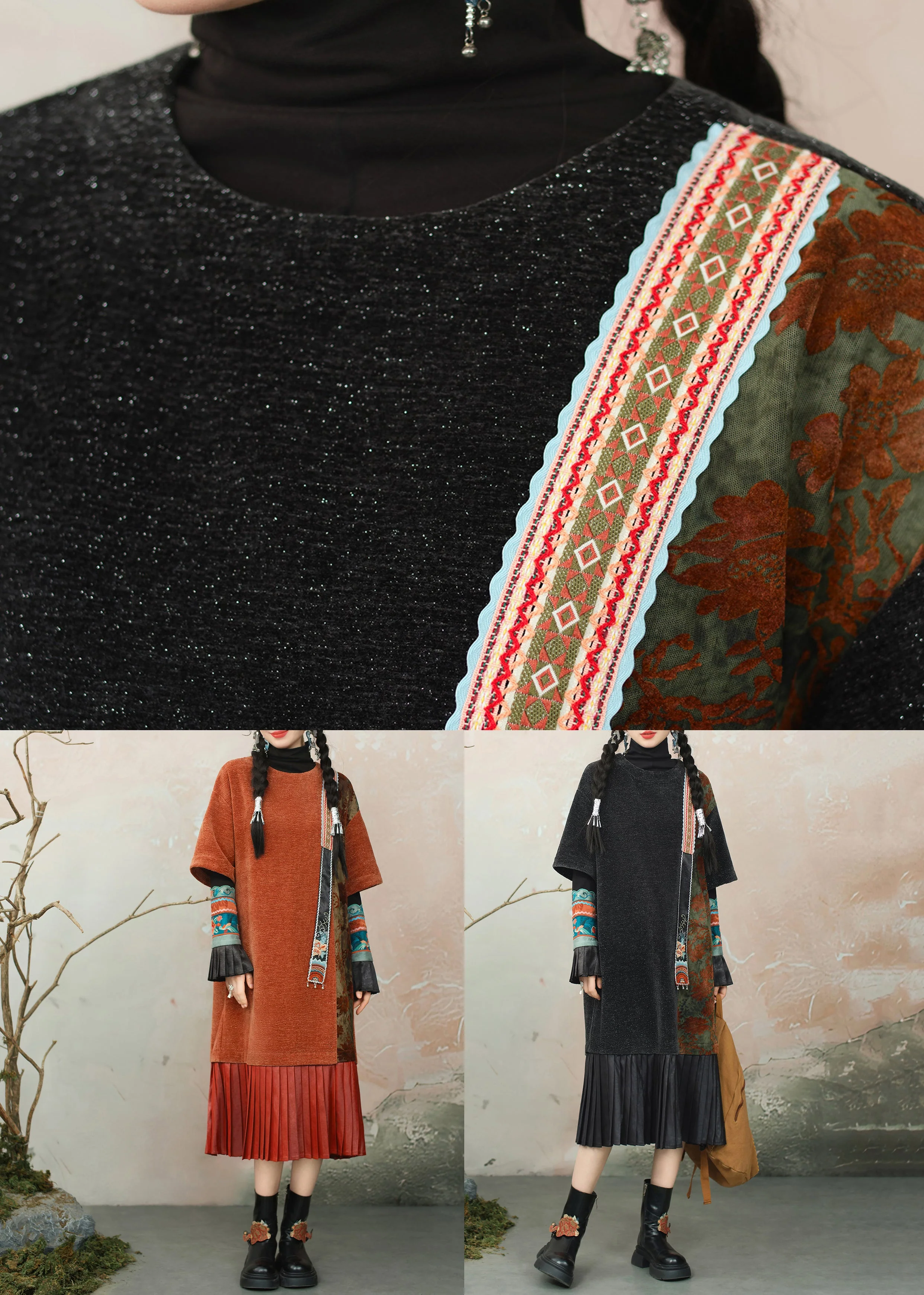 Loose Orange O Neck Wrinkled Patchwork Chenille Dresses Summer - Image 5