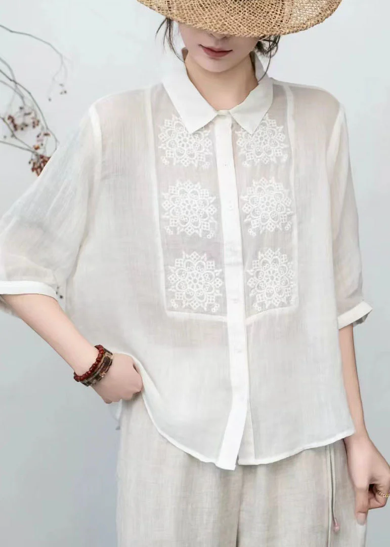 Loose Orange Peter Pan Collar Embroidered Linen Tops Summer - Image 3