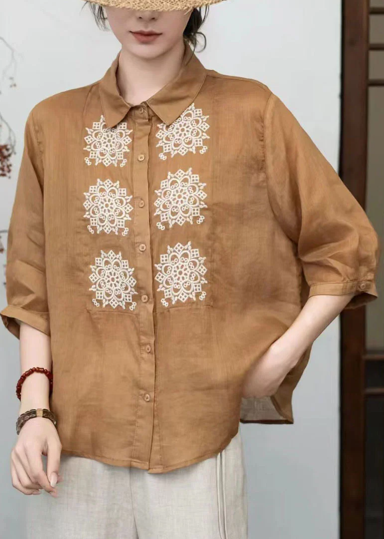 Loose Orange Peter Pan Collar Embroidered Linen Tops Summer - Image 4