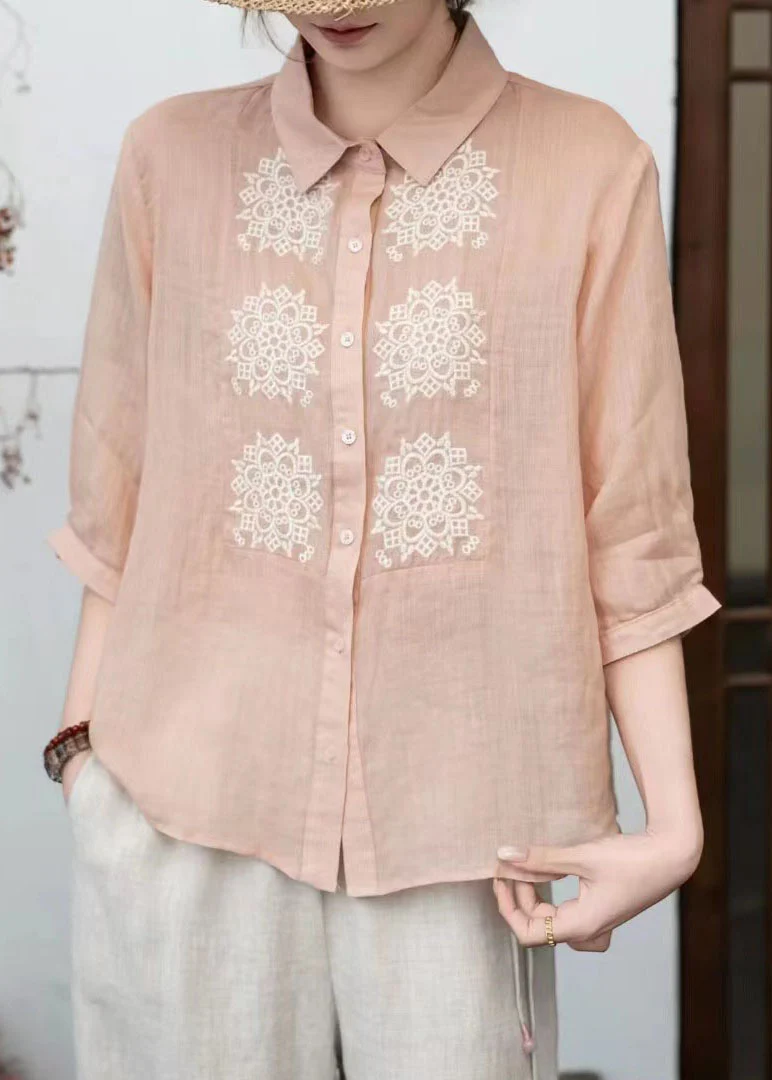 Loose Orange Peter Pan Collar Embroidered Linen Tops Summer - Image 5