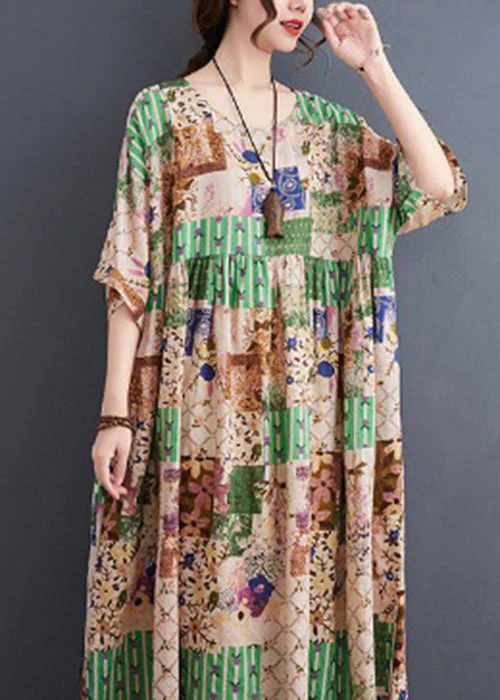 Loose Orange Plaid Wrinkled Print Cotton Maxi Dresses Short Sleeve - Image 5