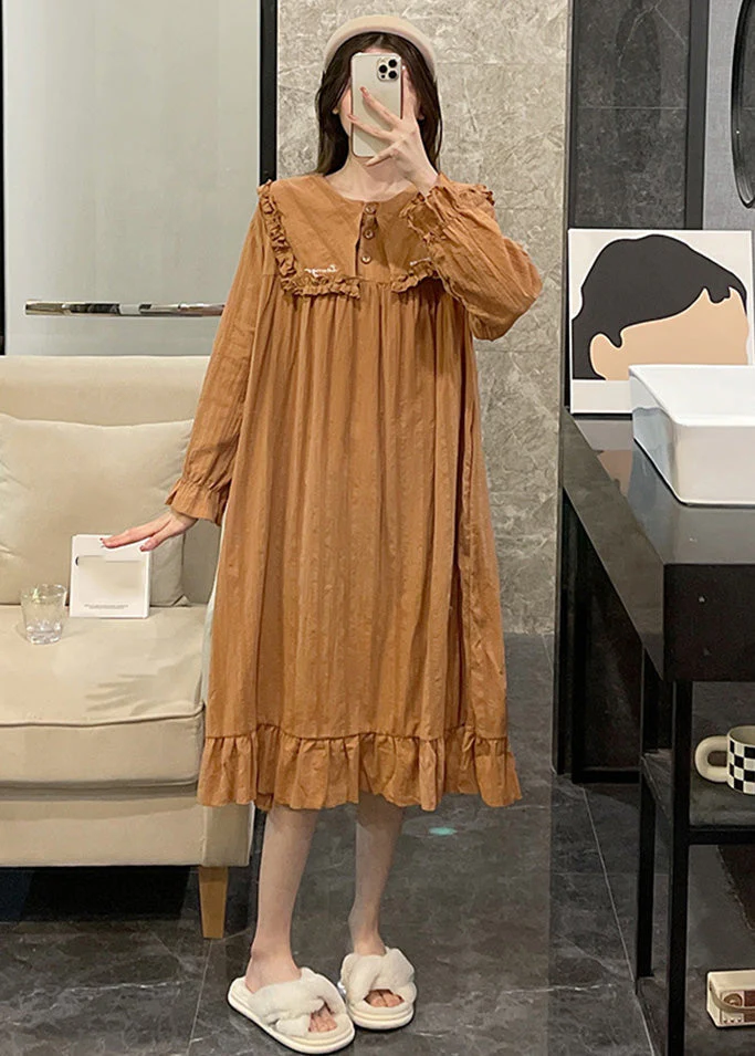Loose Orange Sailor Collar Patchwork Wrinkled Solid Cotton Maxi Dress Long Sleeve - Image 2