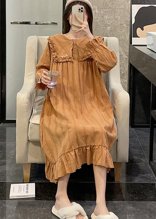 Loose Orange Sailor Collar Patchwork Wrinkled Solid Cotton Maxi Dress Long Sleeve - Image 3