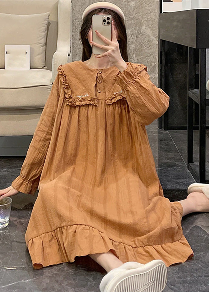 Loose Orange Sailor Collar Patchwork Wrinkled Solid Cotton Maxi Dress Long Sleeve - Image 4