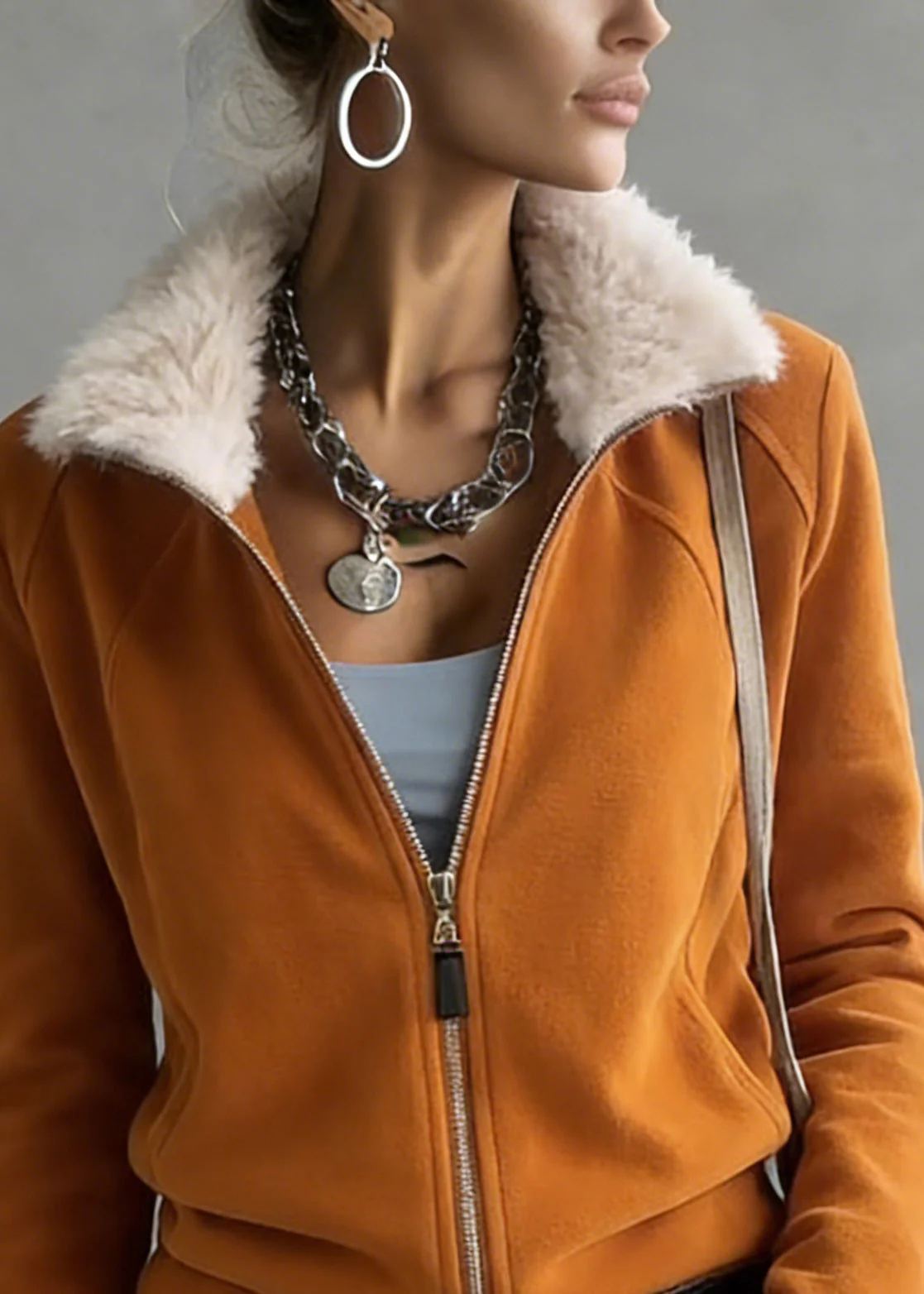 Loose Orange Zippered Fluffy Patchwork Fleece Sweatshirt Spring - Image 4
