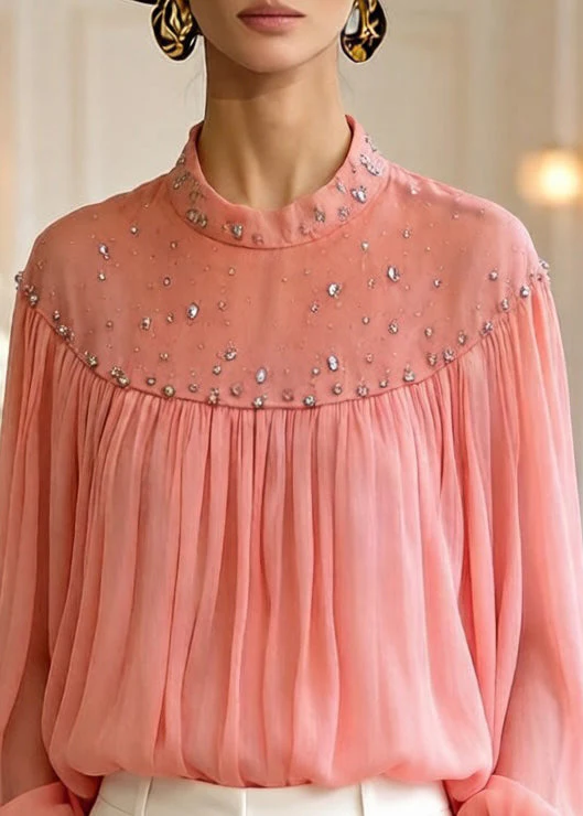 Loose Orange Zircon Wrinkled Tulle Blouses Top Lantern Sleeve - Image 2
