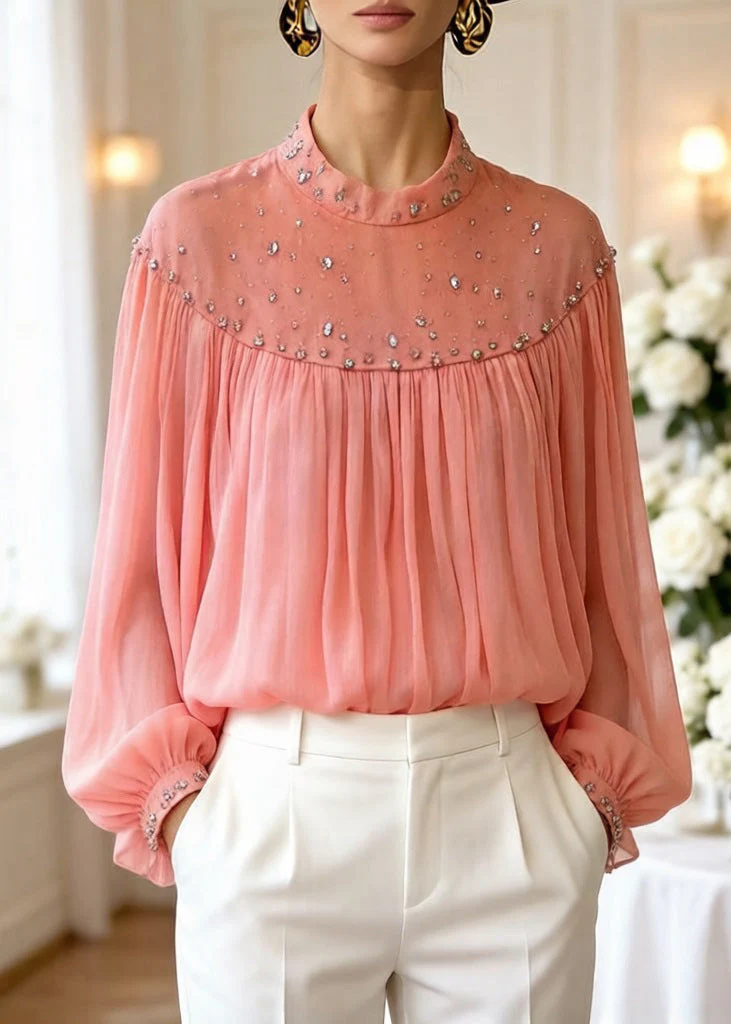 Loose Orange Zircon Wrinkled Tulle Blouses Top Lantern Sleeve - Image 3