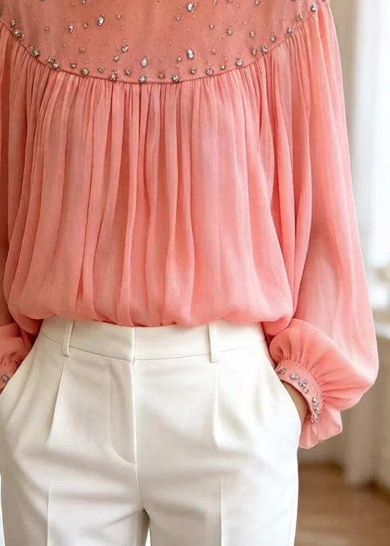 Loose Orange Zircon Wrinkled Tulle Blouses Top Lantern Sleeve - Image 4