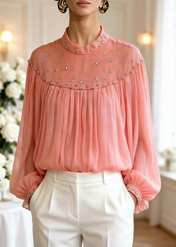 Loose Orange Zircon Wrinkled Tulle Blouses Top Lantern Sleeve - Image 5