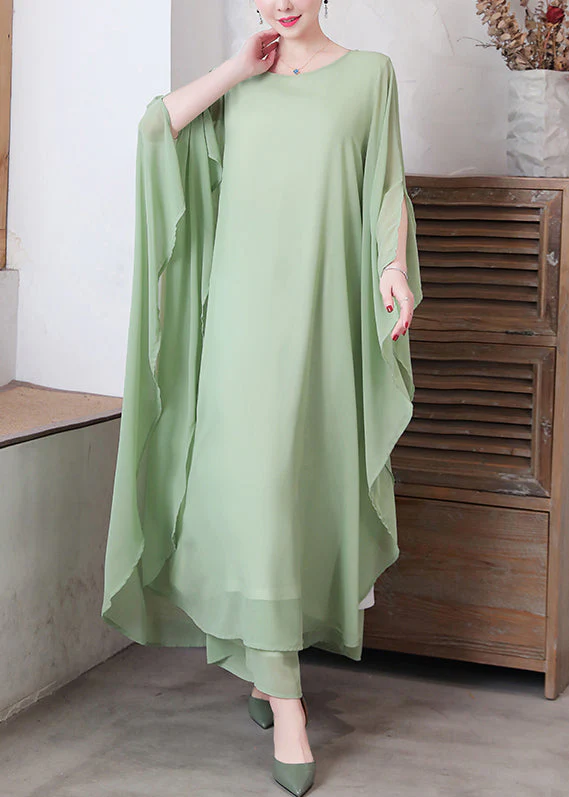 Loose Pea Green O-Neck Chiffon Maxi Dresses Spring - Image 2