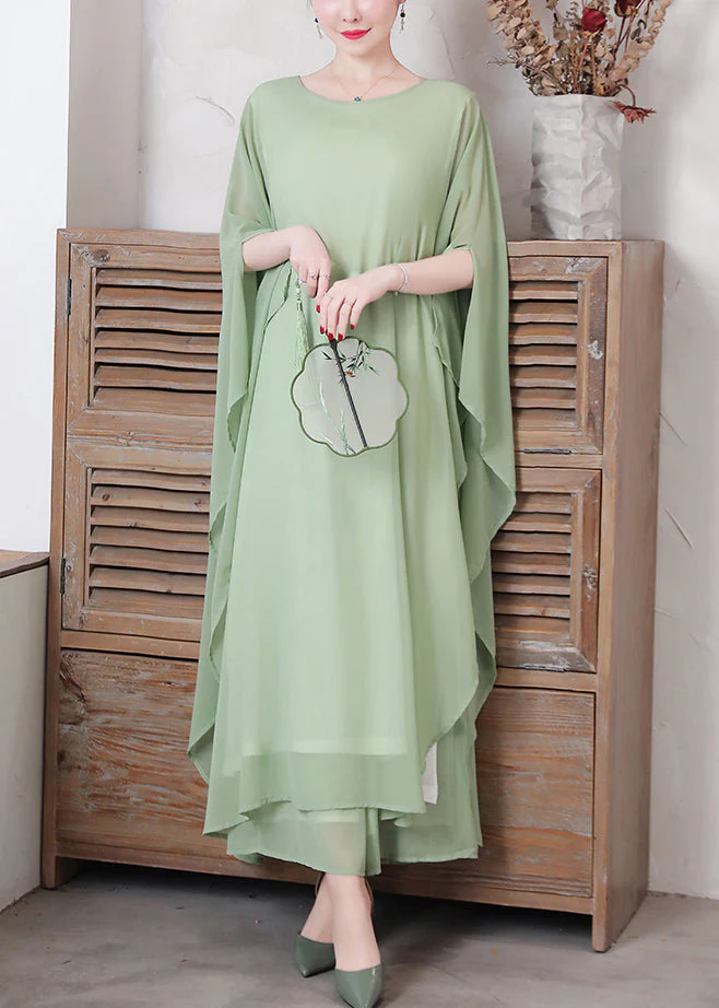 Loose Pea Green O-Neck Chiffon Maxi Dresses Spring - Image 3