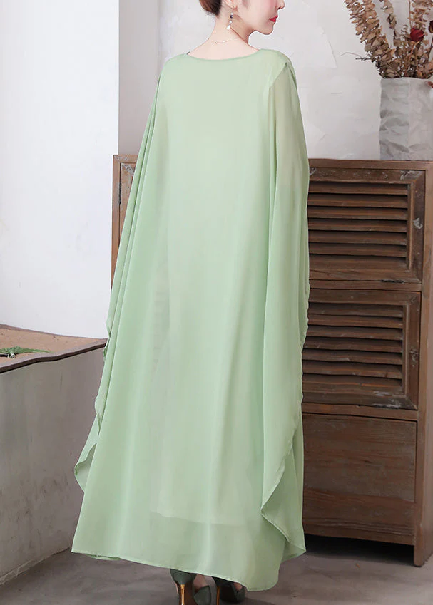 Loose Pea Green O-Neck Chiffon Maxi Dresses Spring - Image 4