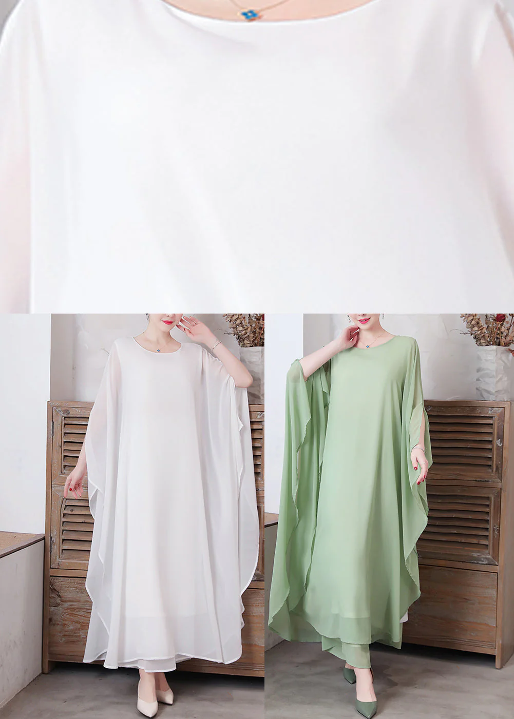 Loose Pea Green O-Neck Chiffon Maxi Dresses Spring - Image 5