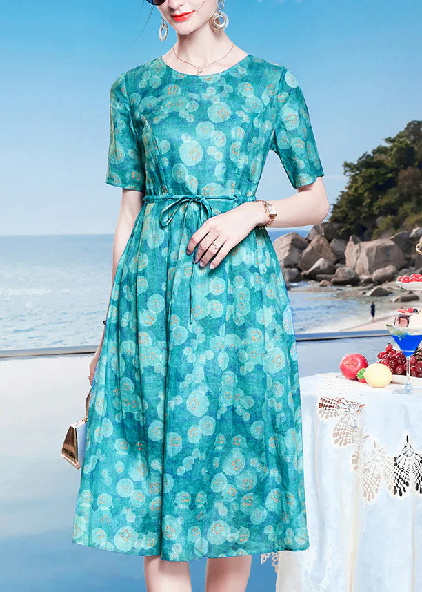 Loose Peacock Blue O-Neck Dot Print Drawstring Linen Long Dresses Short Sleeve - Image 2