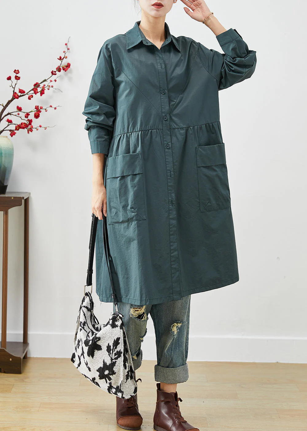 Loose Peacock Green Pockets Patchwork Cotton Shirt Dresses Spring - Image 2