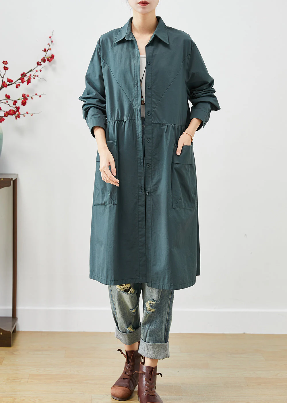 Loose Peacock Green Pockets Patchwork Cotton Shirt Dresses Spring - Image 3