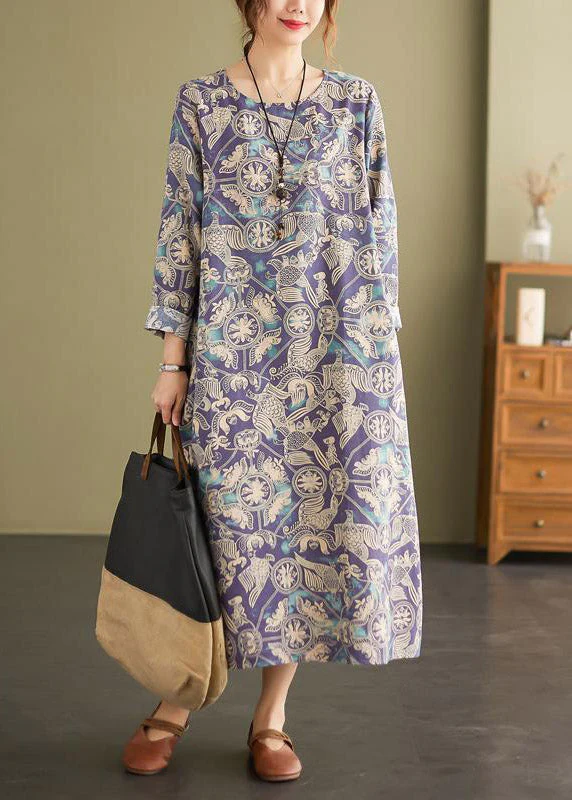 Loose Photo Color O-Neck Print Pockets Dress Long Sleeve - Image 2