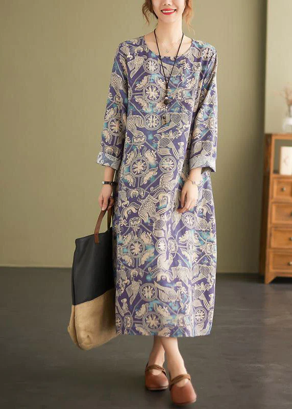 Loose Photo Color O-Neck Print Pockets Dress Long Sleeve - Image 3