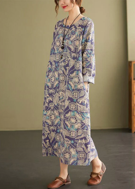 Loose Photo Color O-Neck Print Pockets Dress Long Sleeve - Image 4