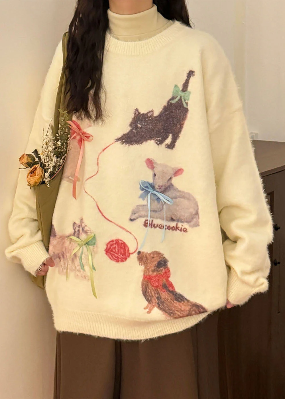 Loose Pink Animal Print Bow Mink Hair Knitted Sweater Tops Spring - Image 2