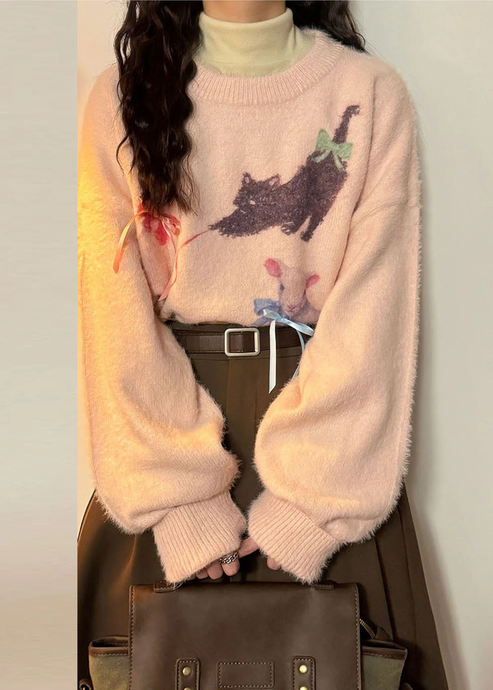 Loose Pink Animal Print Bow Mink Hair Knitted Sweater Tops Spring - Image 3