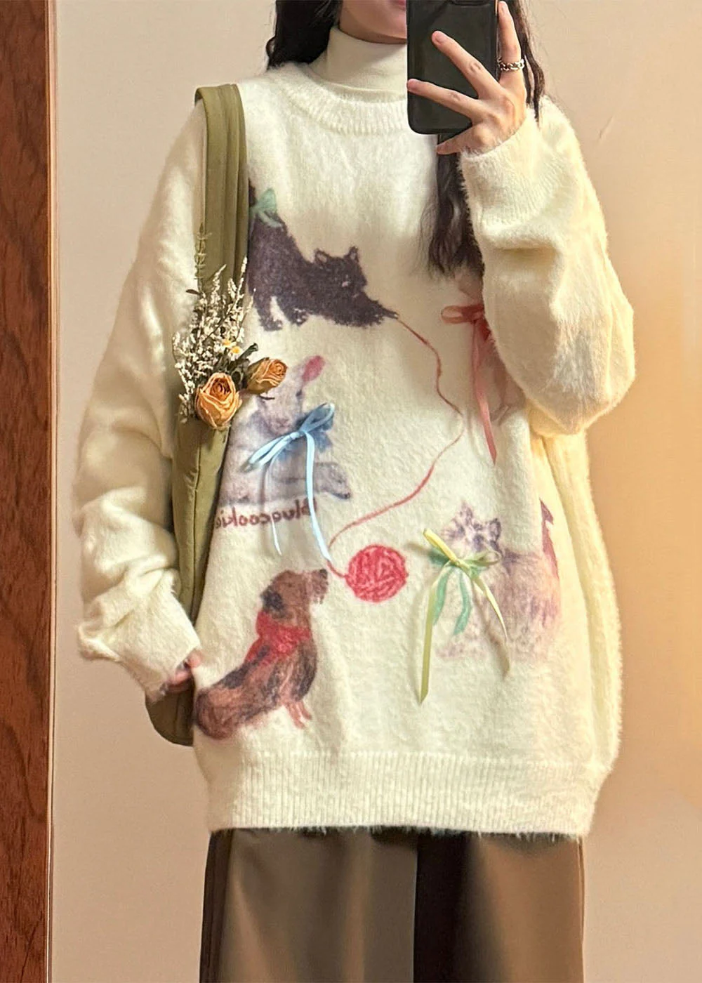 Loose Pink Animal Print Bow Mink Hair Knitted Sweater Tops Spring - Image 4