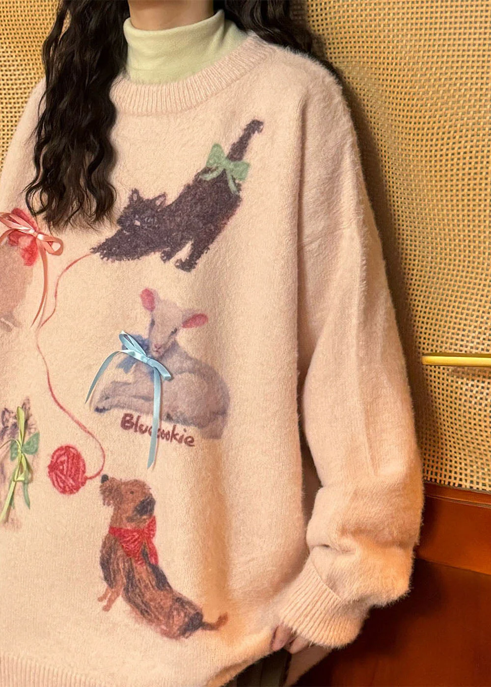 Loose Pink Animal Print Bow Mink Hair Knitted Sweater Tops Spring - Image 5